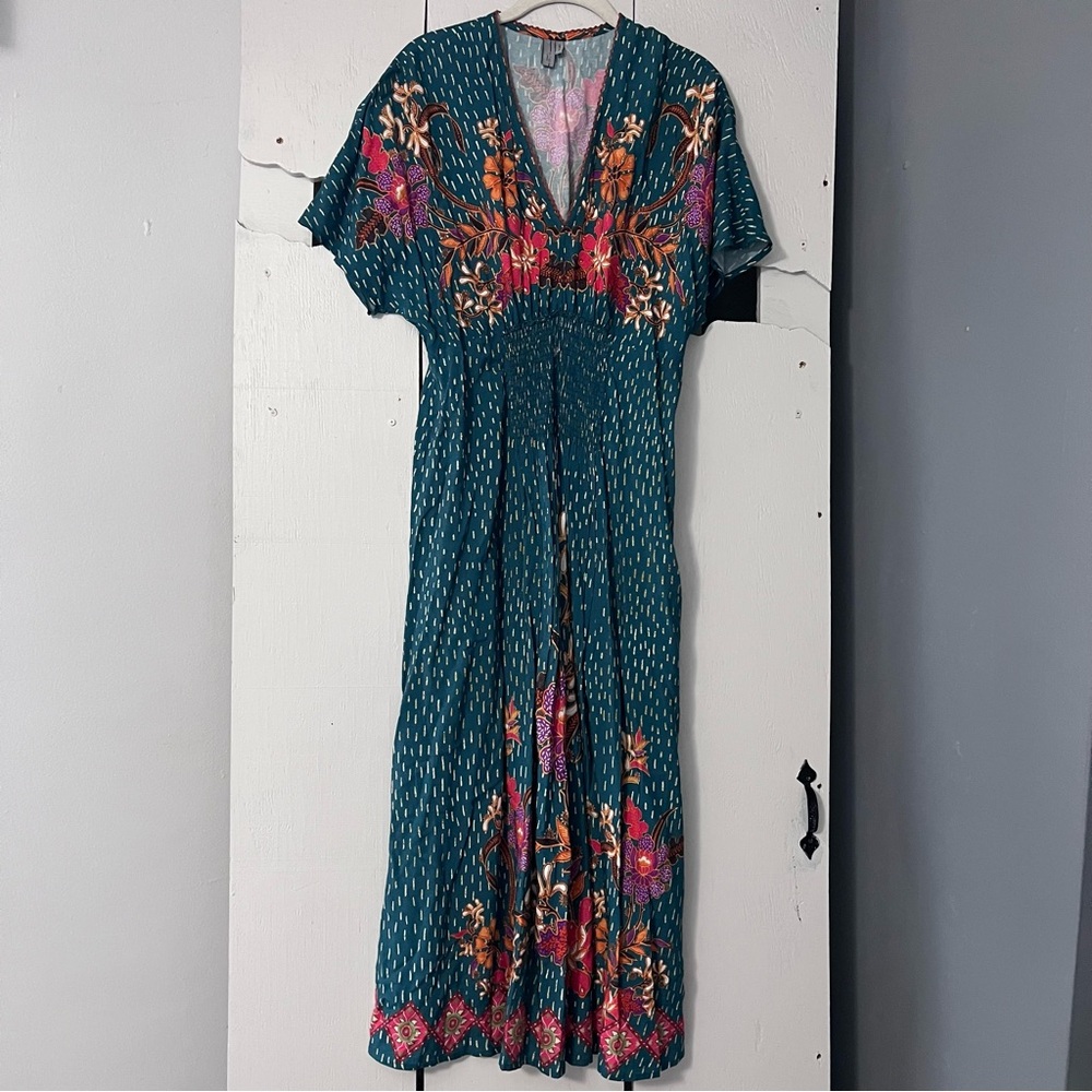 Anthropologie Blank London Teal Floral Print Tatiana Kaftan Dress One Size - Picture 2 of 14